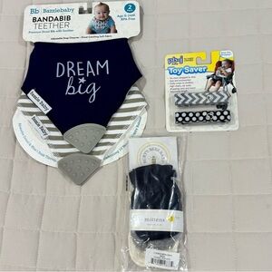 NWT Bibs with Soother, Baby Mittens, Toy Saver Boy Blue Gray Tan